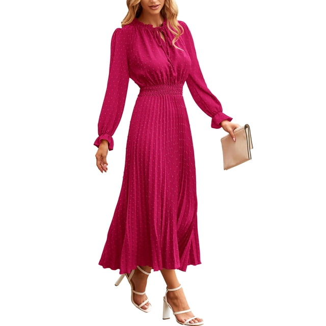 Vestido PRETTYGARDEN Midi con Lunares Suizos, Escote en V con Lazo, Manga Larga, Rojo Rosado, Talla L