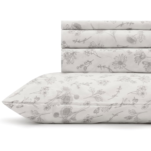 100% Cotton Printed Percale Sheet Set King Size 4 Piece Deep Pocket Grey Botanical Floral