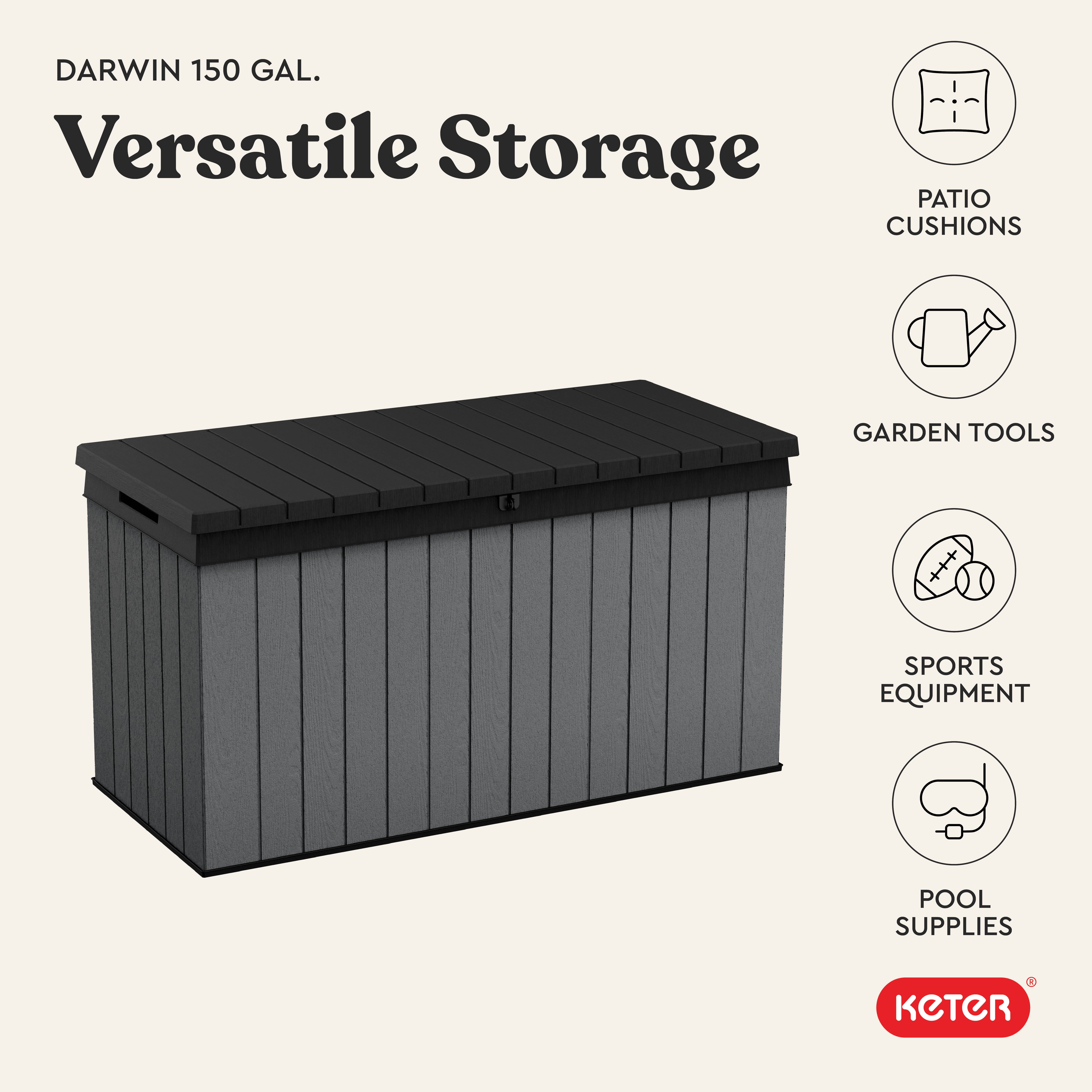 Keter Darwin 150 Gallon Durable Resin Outdoor Deck Box Storage Organization, Graphite