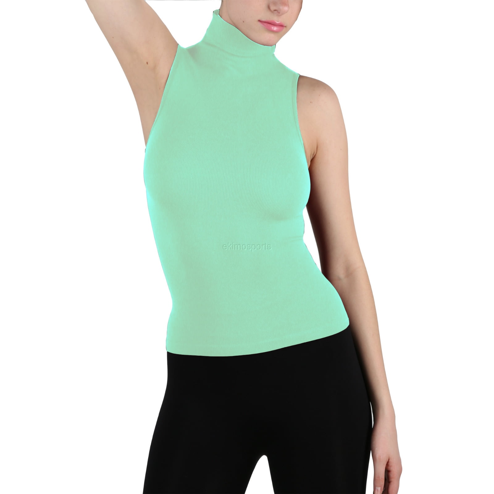 Women's Seamless Sleeveless Mock Neck Turtleneck Shaping Slim Fit Ribbed Tight Fit Shirt