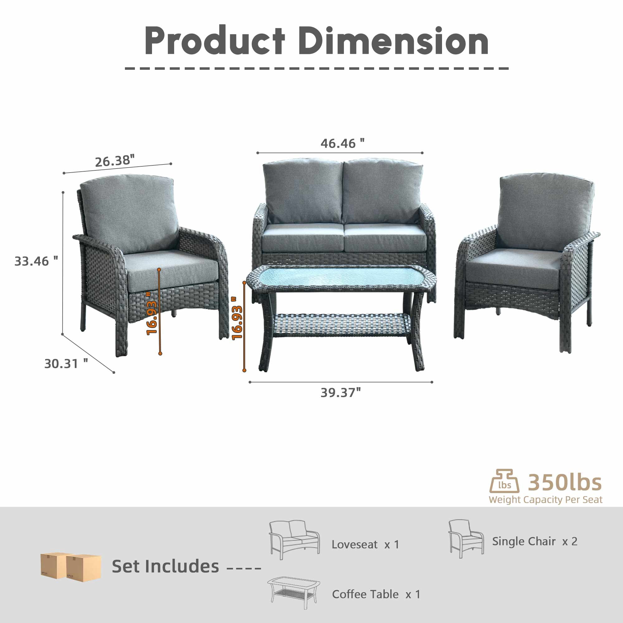Ovios 4 Pieces Patio Furniture Outdoor Sectional Set Modern High Back All Weather Wicker Conversation Set with Coffee Table for Garden, Backyard, Dark Gray