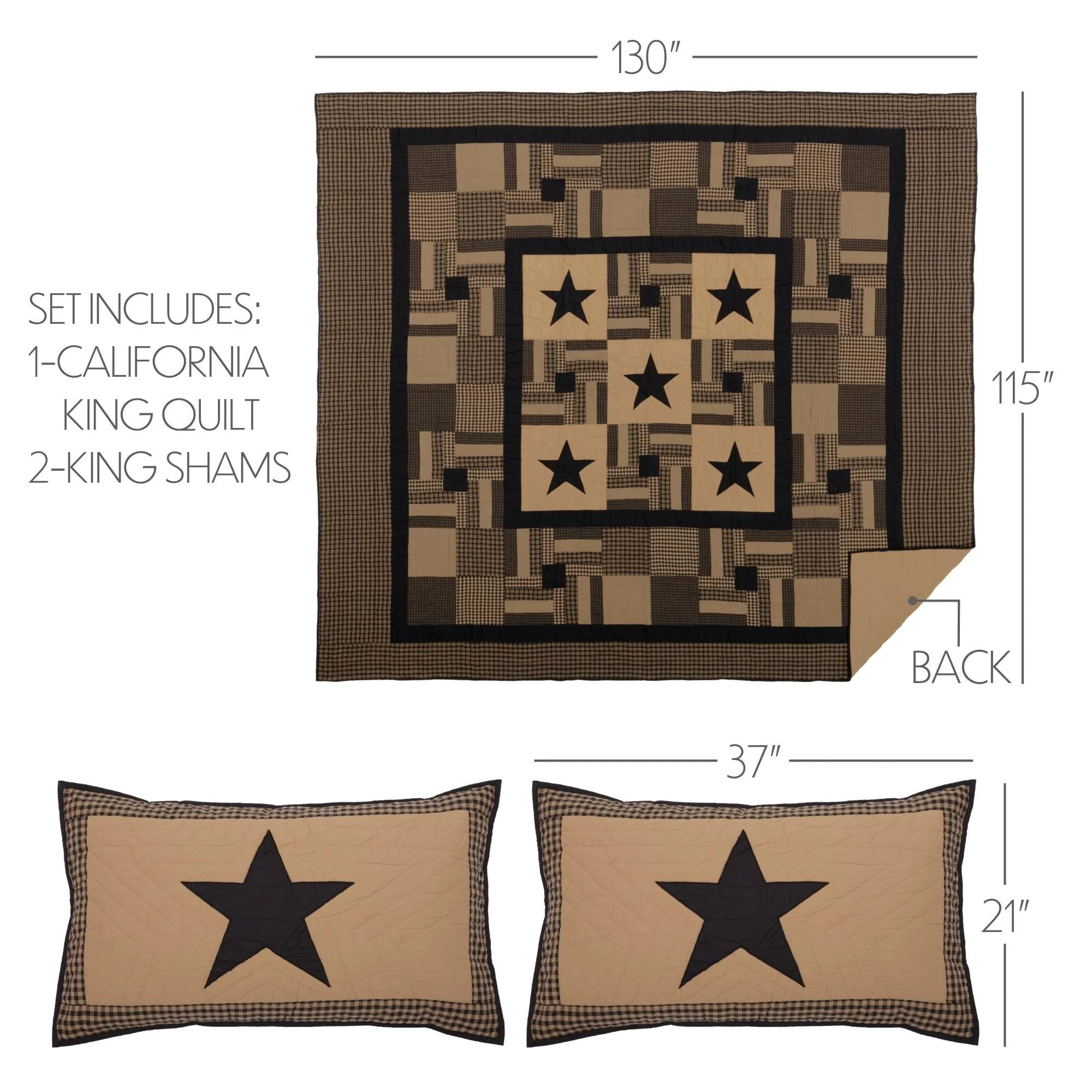 VHC Brands, Black Check Star, Cotton, 90Wx90L x 21x27, Queen Quilt w/ 2 Shams Set, Black