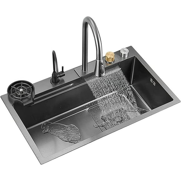 Kitchen Sink,New Stainless Steel Waterfall Sink,Bar Sink, 304 Stainless Steel Sink, with Cup Washer Sinks, Drop-in Or Undermount Installation