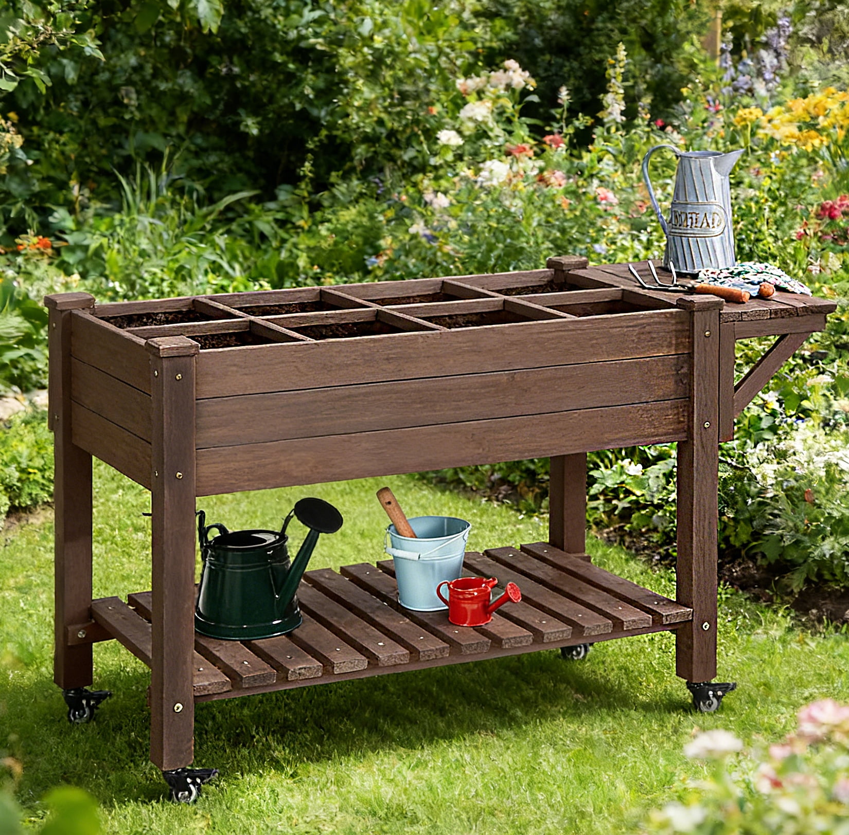 Gymax Raised Garden Bed Mobile Elevated Wooden Planter Box w Gymax Raised Garden Bed Mobile Elevated Wooden Planter Box w