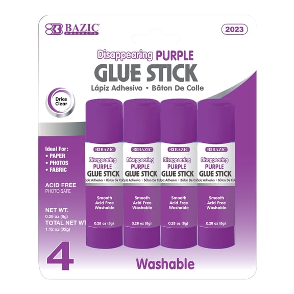 BAZIC Washable Disappearing Purple Glue Stick 8g, Acid Free (4/Pack), 1-Pack