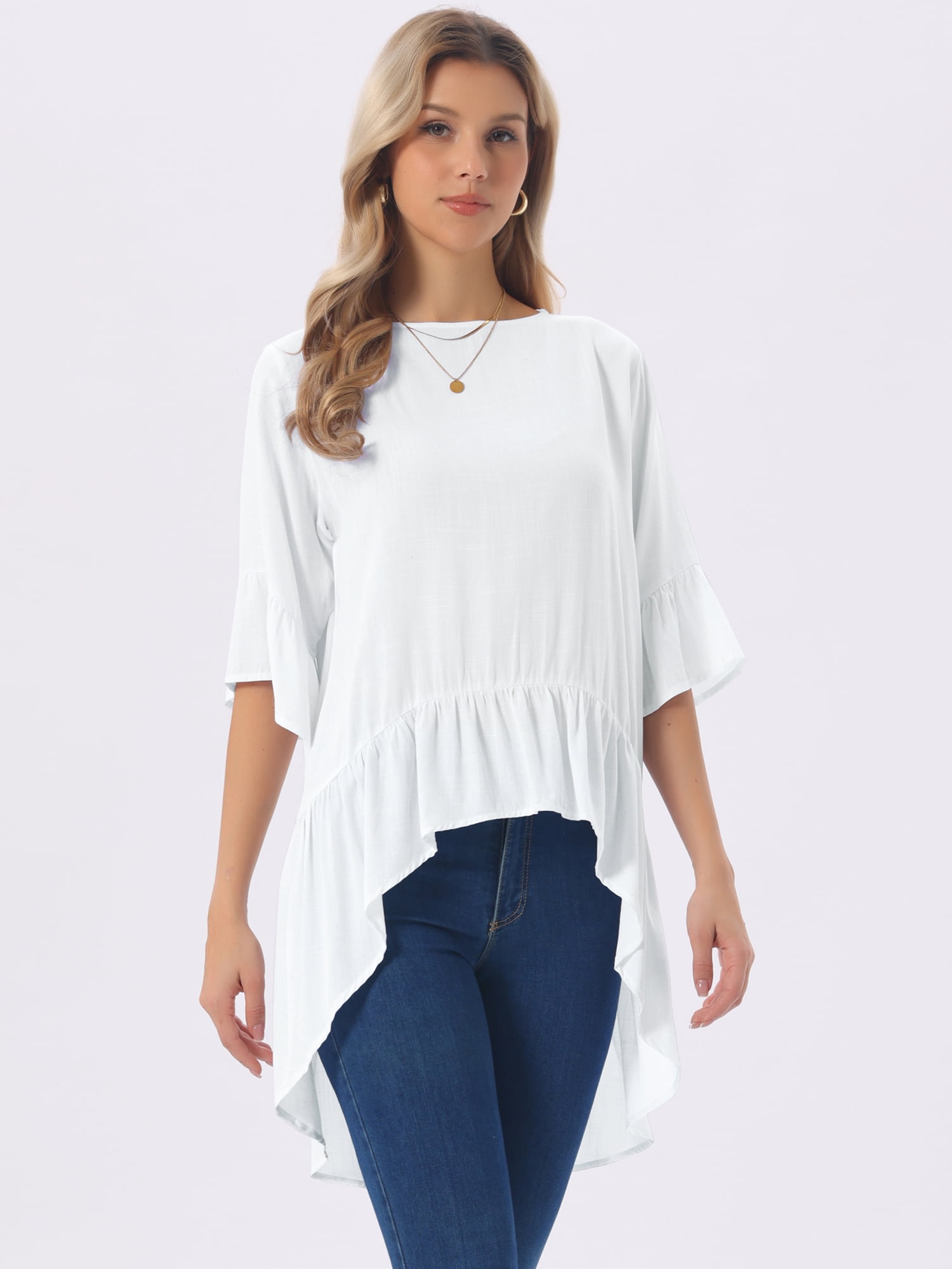 DARING DIVA Women's High Low Tops Bell Sleeve Crewneck Ruffle Blouse S White