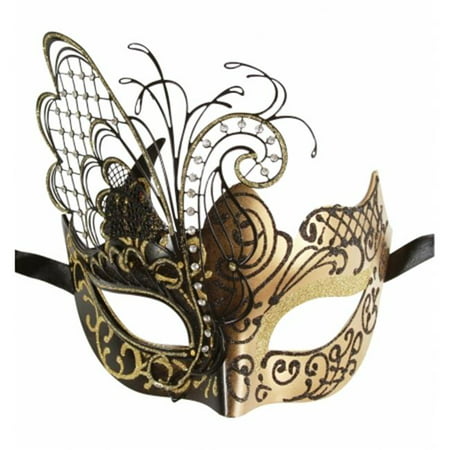 Kayso MEP008BKGD Black & Gold Sexy Butterfly Plastic Glitter Masquerade Mask with Laser Cut Metal Design & Clear Rhinestones, One Size