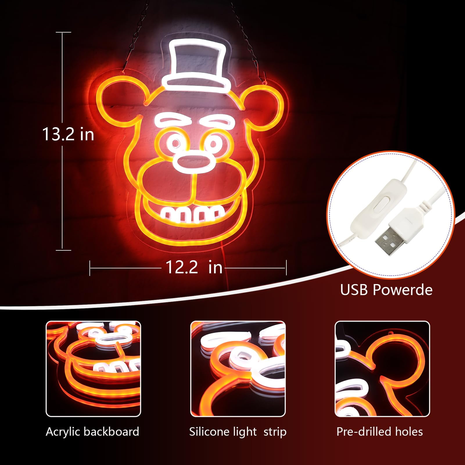 JFLLamp LED Neon Sign Teddy Bear Shape Red Orange White Light USB Powered Acrylic Backboard Wall Decor for Bedroom Game Room