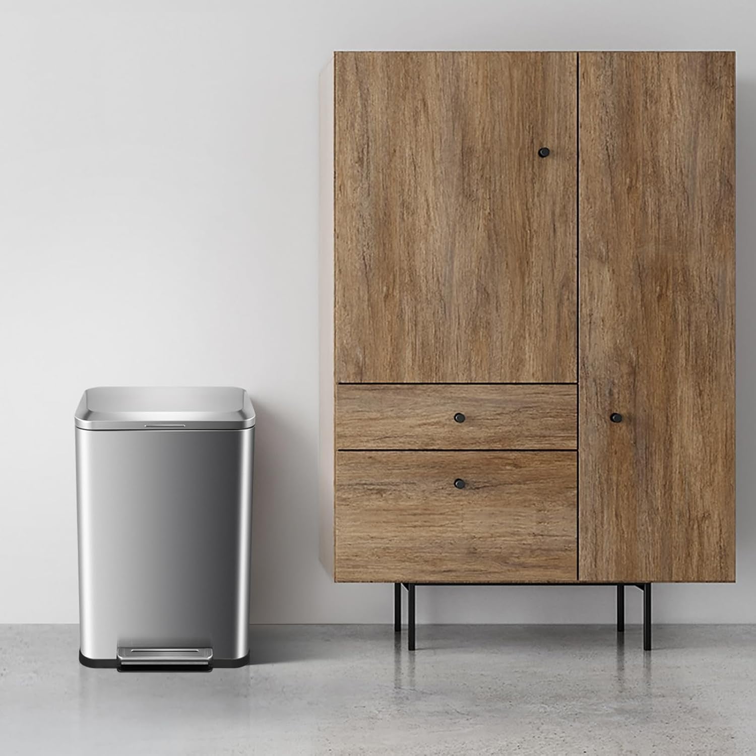 13 Gallon Tall Kitchen Garbage Can, Hands-Free Stainless Steel Trash Can, Soft-Close Step Pedal, Rectangular Smudge Resistant Kitchen Trash Can with Removable Inner Bucket, 17.6"L x 13.4"W x 24.1"H