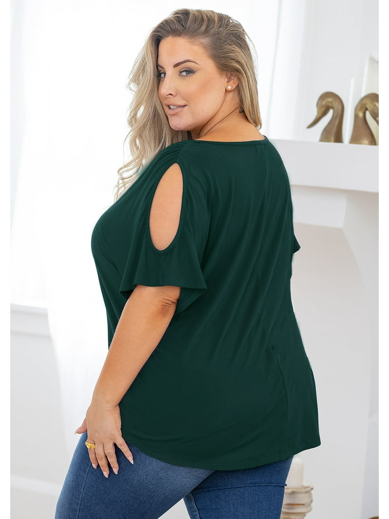 CARCOS Plus Size Women's Short Sleeve Smocked V-Neck Top - Army Green, X-Large, Casual Summer Tunic