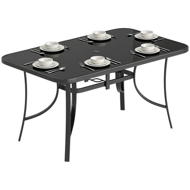 Outsunny Table à Manger d'Extérieur pour 6 avec Trou pour Parasol, Noir