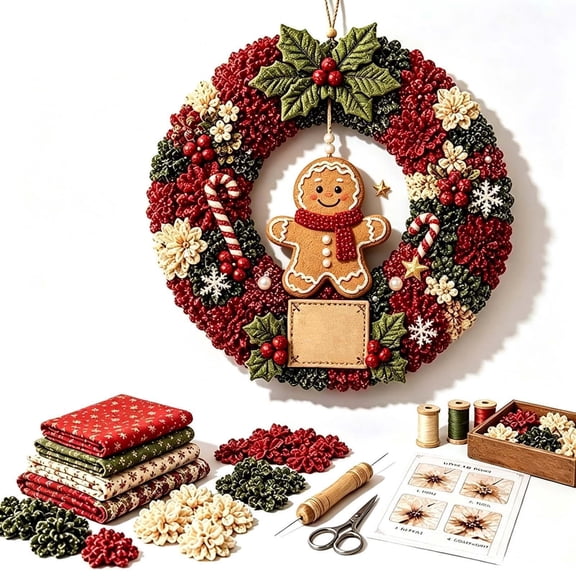 Christmas 3D Fabric Poke Wreath DIY Kit, Gingerbread Man Style, Handmade Festive Wall Hanging Christmas Indoor Outdoor Decor