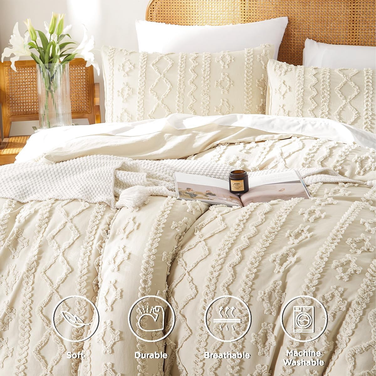JOLUSERE Jacquard Sandflow Pattern Tufted Duvet Cover King Set, 3 Pieces Boho Ultra Soft Embroidery Bedding Set, Beige