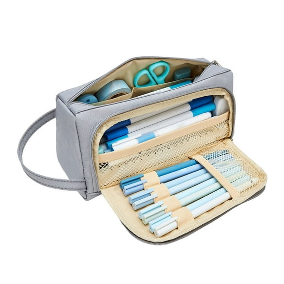 Large Capacity Large Pouch Canvas Double Zipper Pencil Cases, Gray