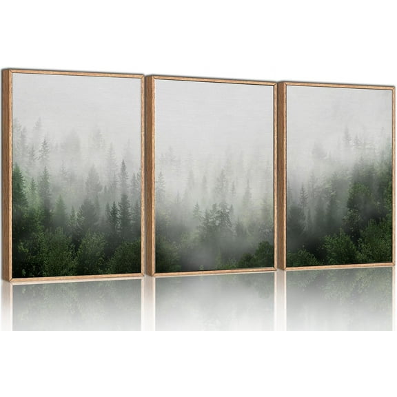 Misty Green Forest Framed Canvas Wall Art Set, Nature Scenery Modern Wall Decor, Foggy Mountain Wall Painting, Woodland Landscape Nursery Art Print for Living Room, Bedroom, Office - 16"x24"x3