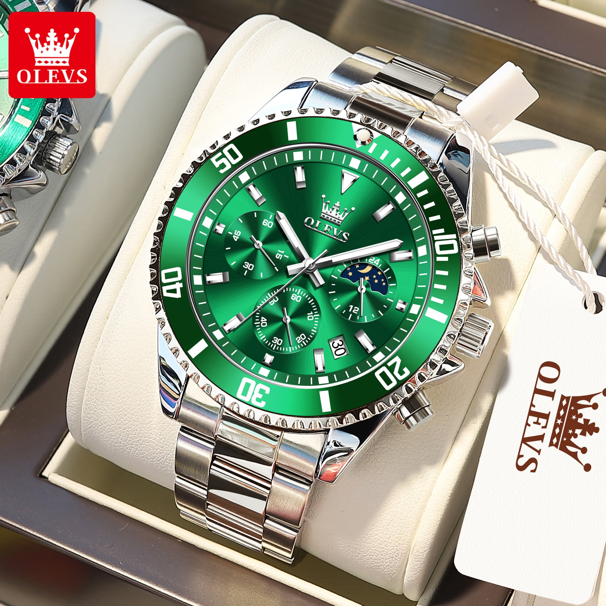 OLEVS Mens Chronograph Watch Green/Silver 42.5mm Outdoor Watch, Stainless Steel Strap 2870