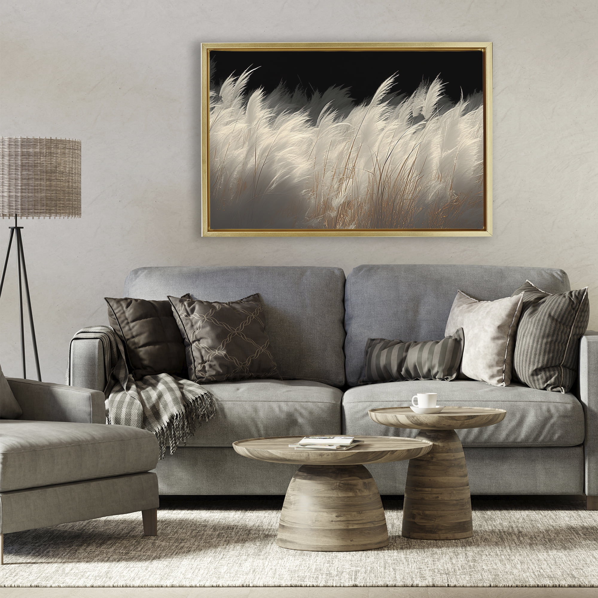 White Feathers Windblown Grasses Gold Framed Floater Canvas Wall Art, design by Decent Exposures