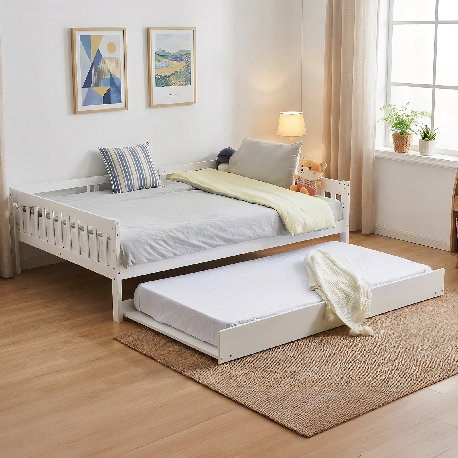 Zimtown Solid Wood Full Daybed with Trundle, Day Bed Frame with Charging Station and Lights, White