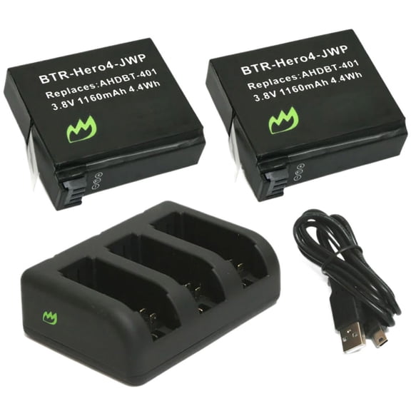 Replacement for GoPro HERO4 Battery (2-Pack, 1160mAh) and Triple Charger
