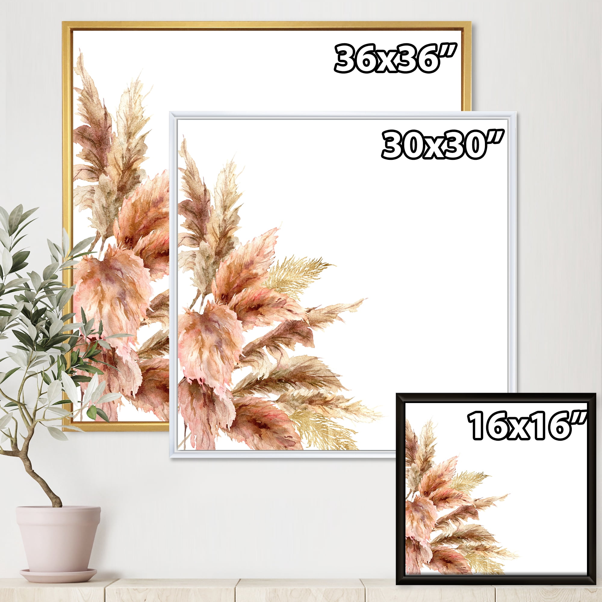 Designart 'Exotic Dry Pampas Grass On White Background' Traditional Framed Canvas Wall Art Print