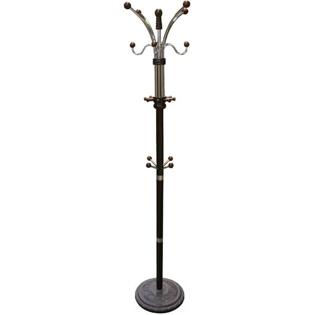 73" Tall Chrome and Wood Coat Rack, Espresso finish