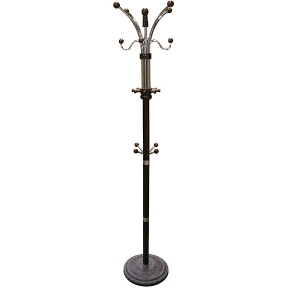 73" Tall Chrome and Wood Coat Rack, Espresso finish