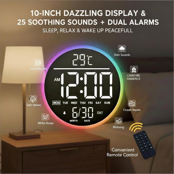 LEIKE 10" Large Digital Wall Clock with Seconds - Big LED Display RGB Color - Auto DST, Temperature & Countdown Timer - Electric Wall Mounted Digital Clock for Bedroom, Living Room, Office, Gym