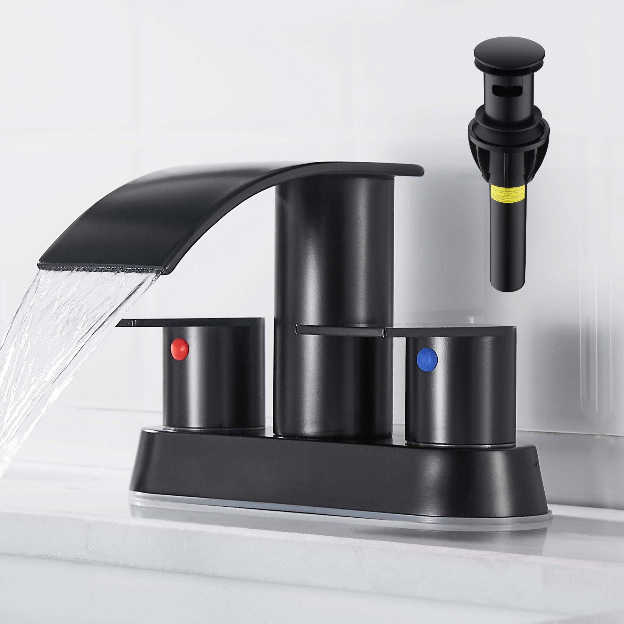 Kede Waterfall Bathroom Faucet Lavatory 2 Handle 3 Hole 4 Inch Bathroom Sink Faucet Washbasin Faucet with Deck and Pop-up Drain Black Centerset Bathroom Faucet