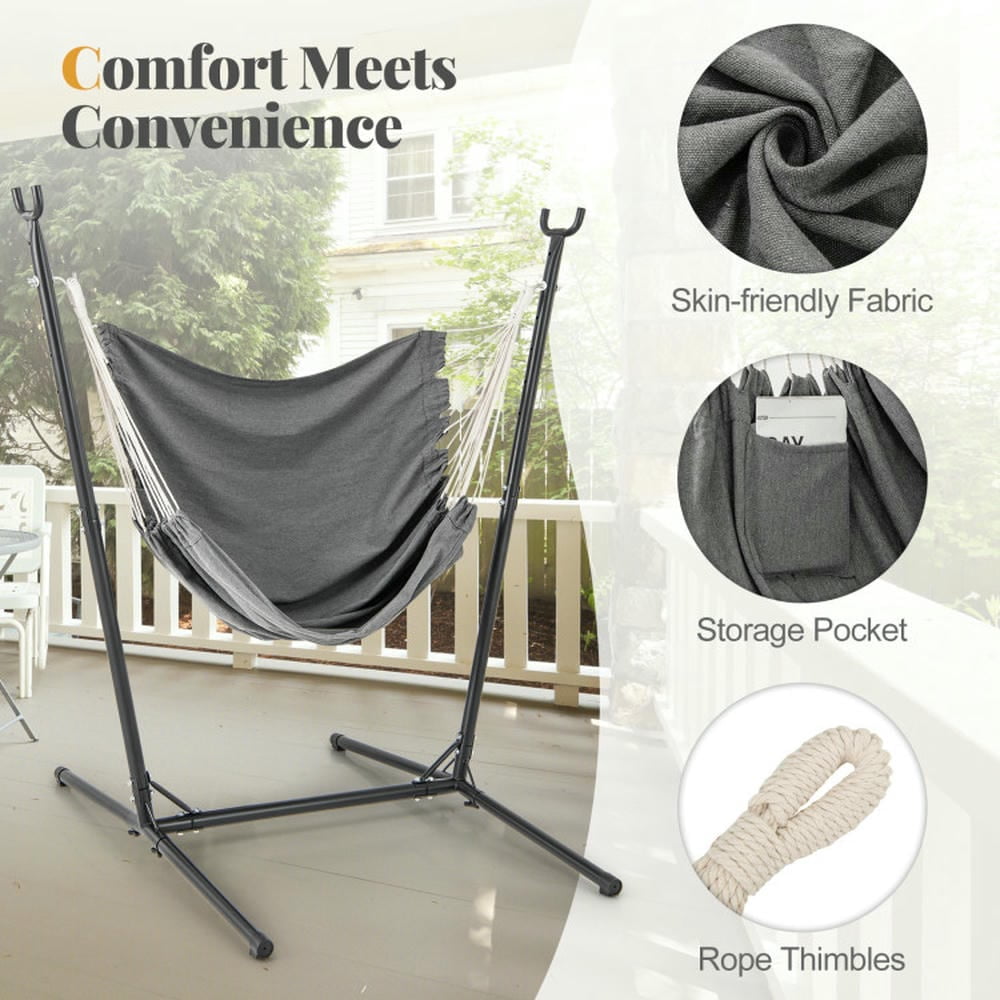 GVN Hammock Chair with Stand 6-Position Adjustable Height and Side Pocket-Gray