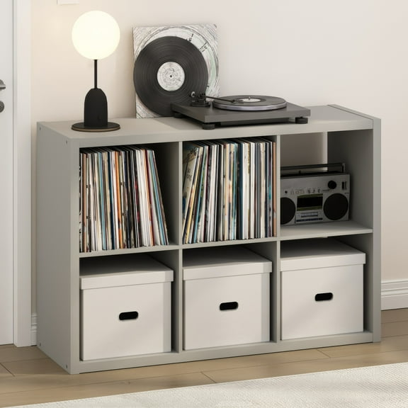 Furinno CUBICLE Vintage Vinyl Record Media Storage Organizer 6-Cube Light Grey