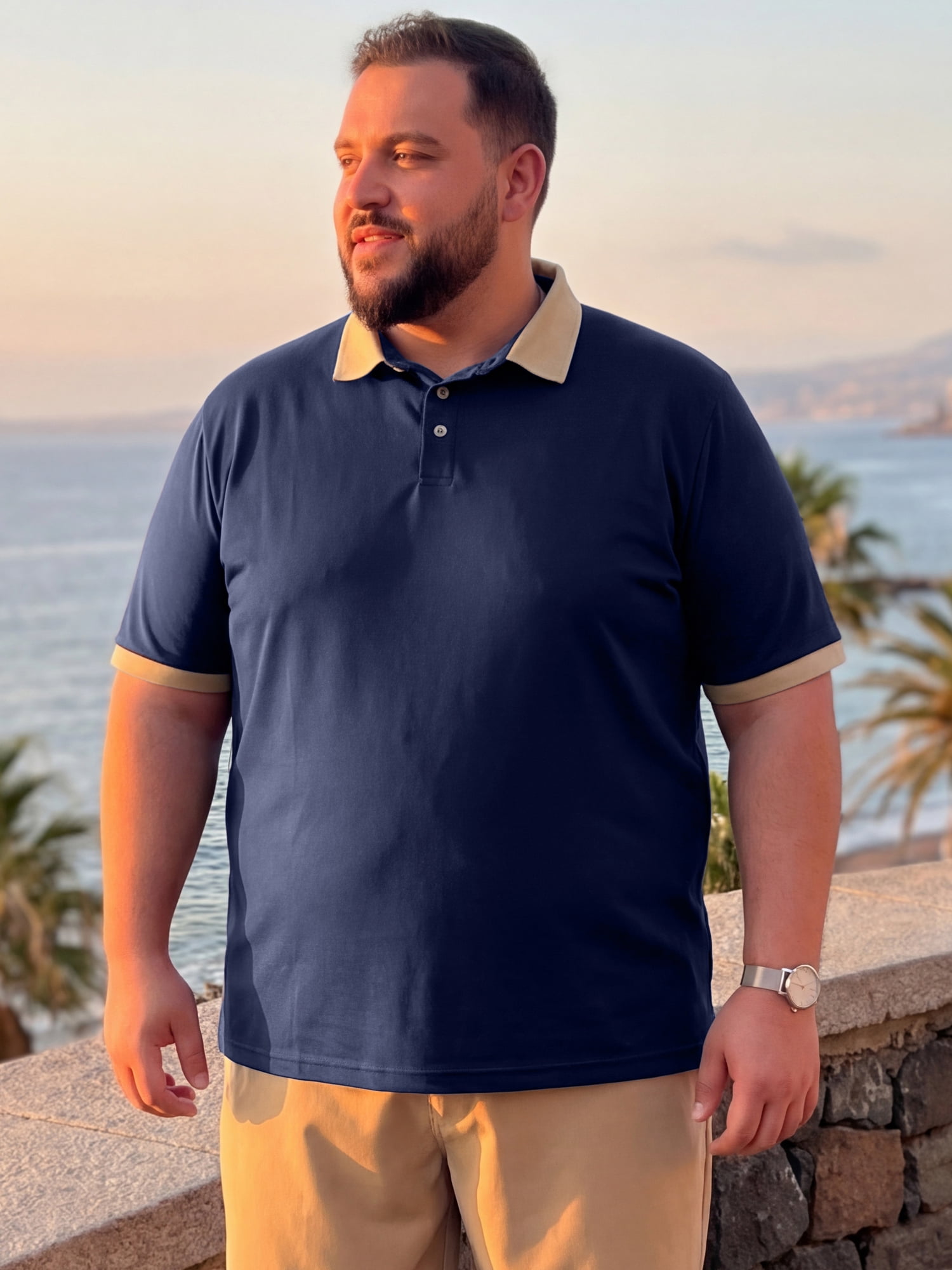 DARING DIVA Men's Contrast Collar Short Sleeves Breathable Polo Shirts 4XL Dark Blue