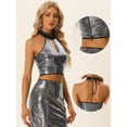 thumbnail image 2 of Top corto de lentejuelas para mujer Top de fiesta brillante con cuello halter recortado Negro plata L, 2 of 6