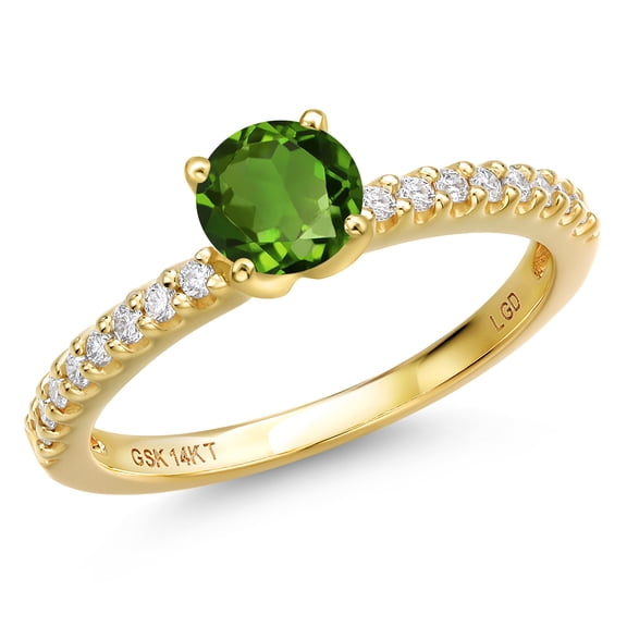 Gem Stone King 14K Yellow Gold Green Chrome Diopside and Lab Grown Diamond Engagement Ring for Women | 0.66 Cttw | Round 5MM | Gemstone Birthstone | Size 8