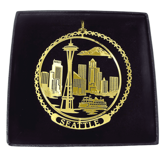 Seattle Brass Christmas Ornament Black Leatherette Gift Box