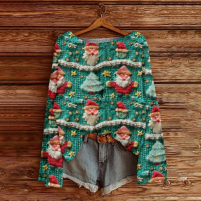 Chandails d'Hiver Grande Taille pour Femmes Mode Décontractée Imprimé de Noël Chandail à Manches Longues Vert m