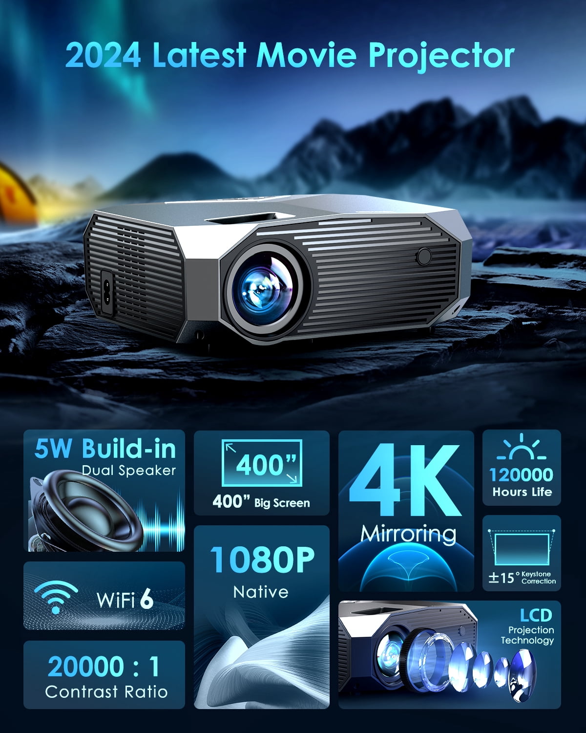 Hewcham 4K LCD Projector with Wireless, 1080P, 22000 Lumens, Bluetooth, Remote, 120,000-Hour Lamp
