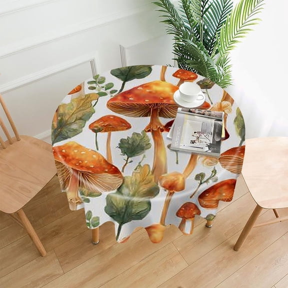 RKSupls 60 Inch Round Tablecloth, Mushrooms Leaves Premium Polyester Straight Edge Wrinkle Resistant Washable Table Cover for Party Home Dining Decor