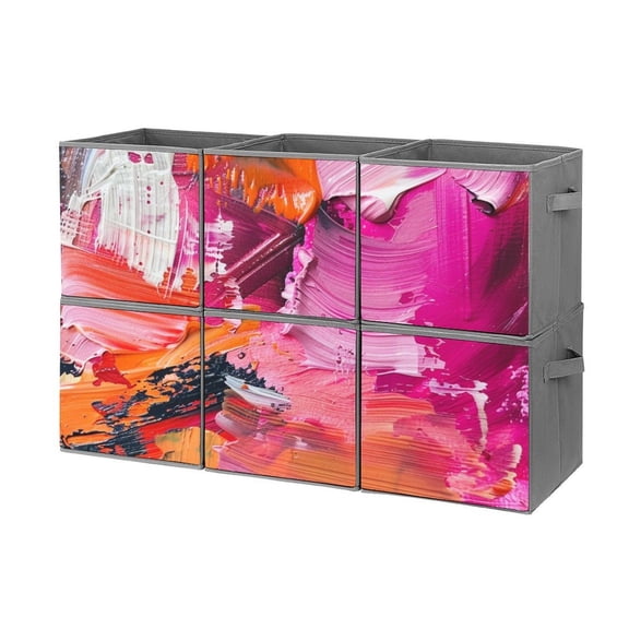 Set of 6 Collapsible Oxford Fabric Storage Cubes with Handles, Foldable Closet Organizer Bins for Clothes, Toys, Shelves, Home & Kitchen Pink And Orange Brush