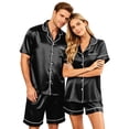thumbnail image 3 of VV AVEORS Satin Matching Pajamas Sets Couple Silk Button Down Nightwear Women & Men Short Sleeve Sleepwear 2 Pieces Loungewears Black M, 3 of 8