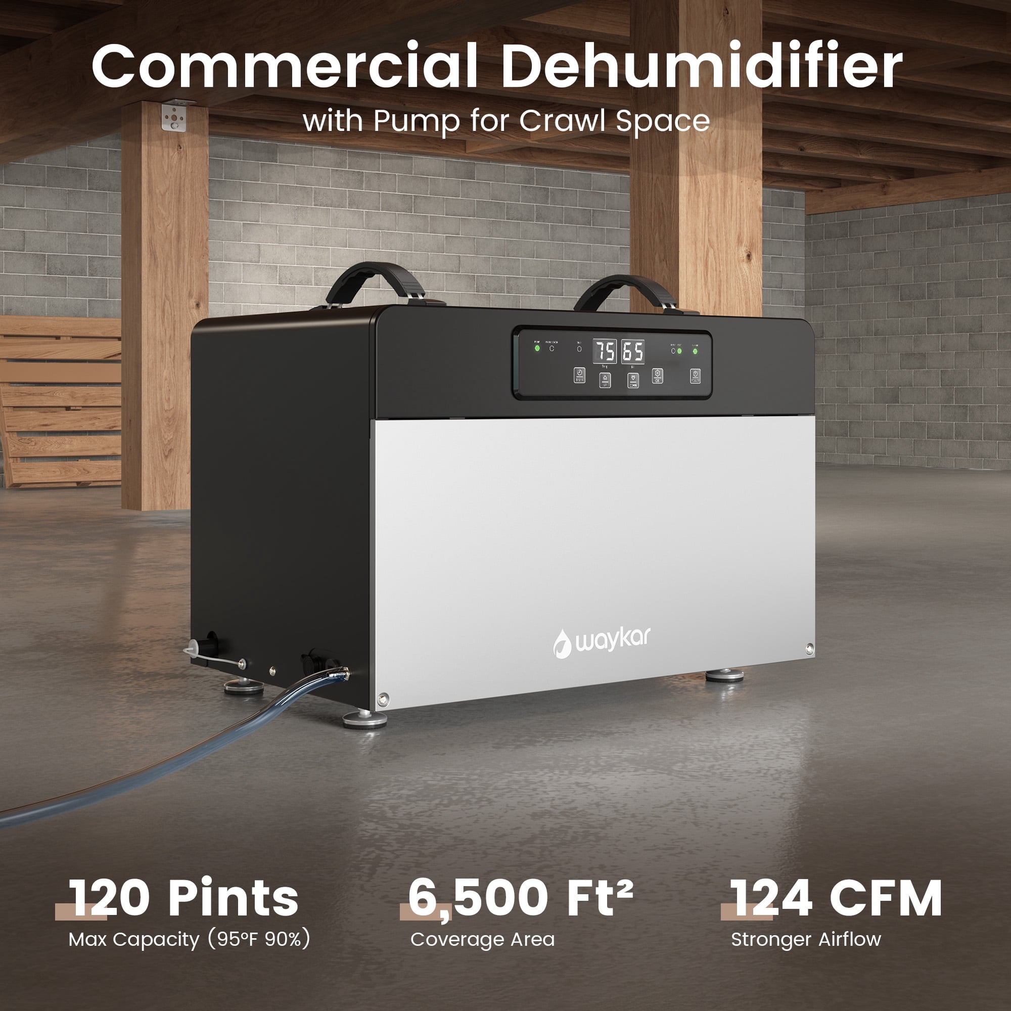 Waykar 125 Pint Dehumidifiers with Pump for Large Basement & Warehouses up to 6,500 Sq. Ft, Protable Dehumidifiers with Continuous Drain Hose