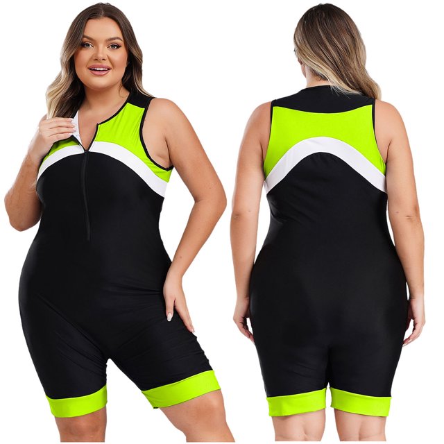 Miaeowve Womens One Piece Rash Guard Sleeveless Plus Size Zipper Swimsuit Athletic Boyleg Bathing Suit for Surfing Fluorescent 4XL
