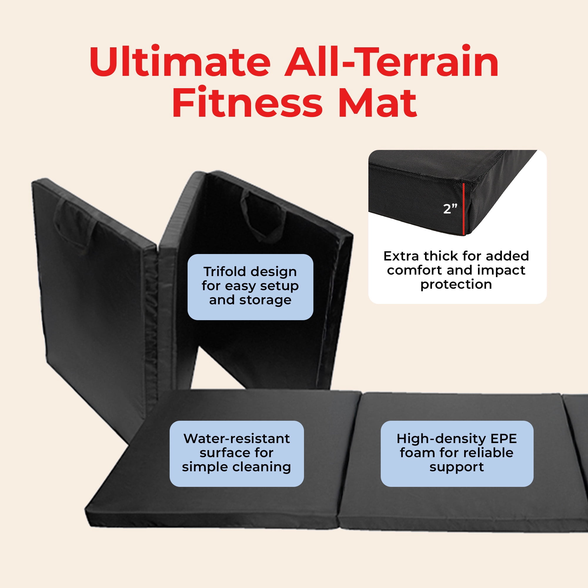 Sunny Health & Fitness Thick Tri-Fold Exercise Yoga Mat for at Home Workout, Gymnastics, Stretching, Core Workout, NO. 048