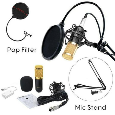 BM-800 Professional Studio Broadcasting Recording Condenser Microphone with Mental Shock Mount Phone Stand Filter and Sound Card (Black