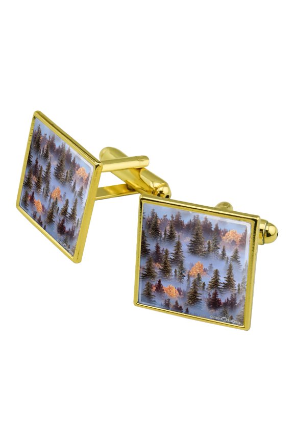 Trees Forest Woods Outdoors Camping Pattern Square Cufflink Set - Silver or Gold