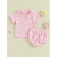 thumbnail image 2 of FEORJGP Toddler Infant Newborn Baby Girls Summer Shorts Set Flower Print Doll Collar Pullover Short Sleeve T-shirt with Elastic Waist Shorts 2-piece Cute Sweet Outfit, 2 of 9