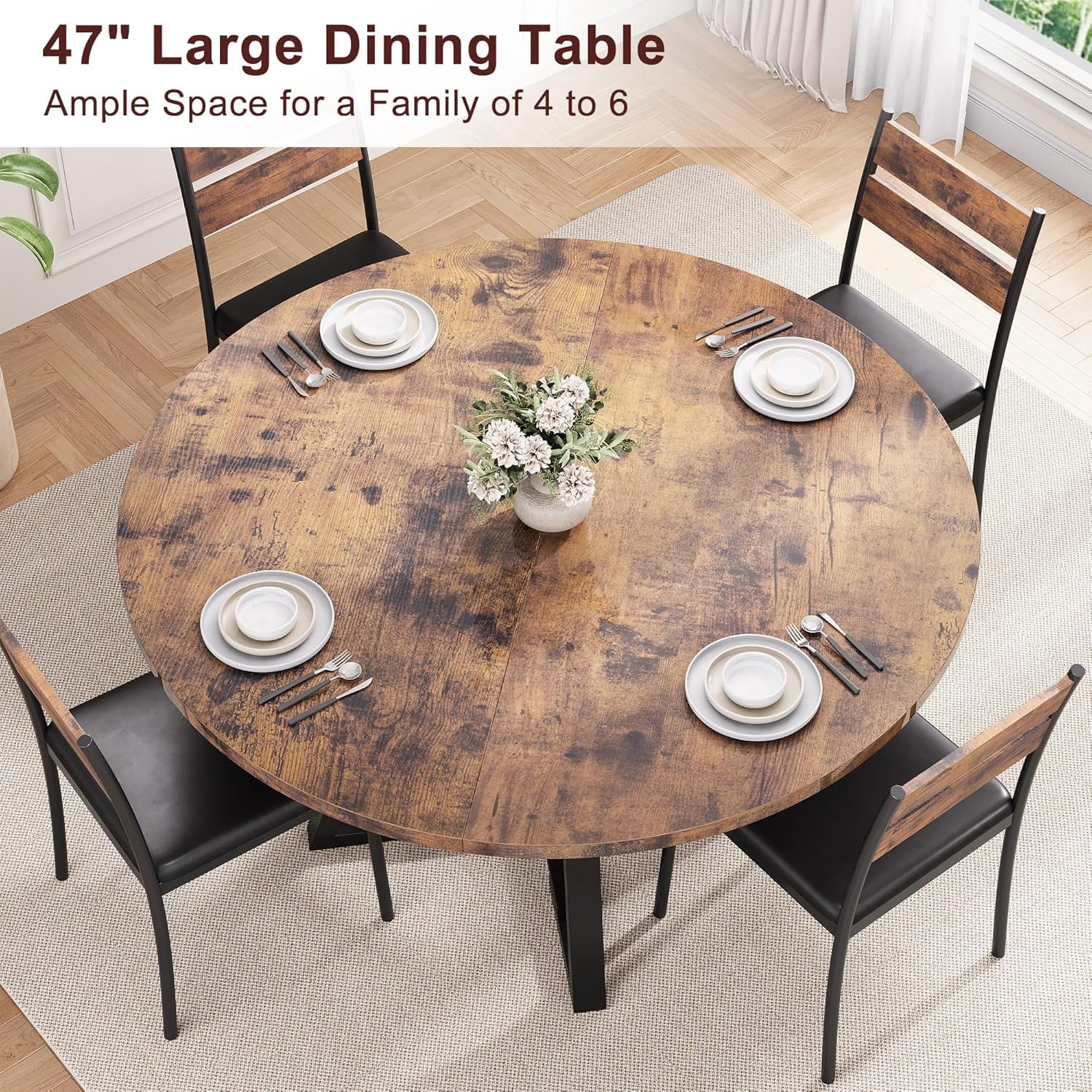 Cocosity 47 inch Wood Kitchen Table for 4, Round Dining Table with Storage Shelf for Home Dining Room Living Room Brown