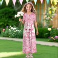 thumbnail image 4 of Uourmeti Girls Dress with Pink Dragon Flower Print Short Sleeve Round Neck Casual Maxi Dresses with Pockets Summer Long Sundress for Kids, Size 7-8 Years, 4 of 7