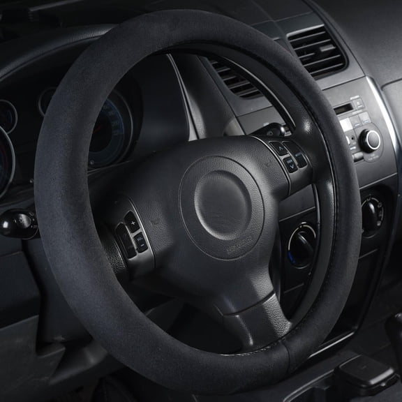 RIONIMA Black Faux Suede 14.5-15In Memory Foam Steering Wheel Covers Breathable Anti-Slip Odorless Steering Wheel Universal Fit for Men Women Cushioned All-Season Steering Wheel Covers