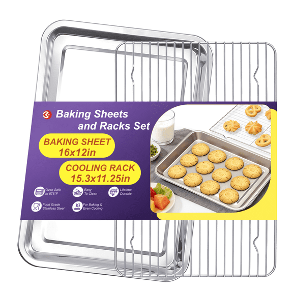 Baking Sheets and Racks Set, Stainless Steel Rectangle Baking Sheet Oven Tray and Cooling Grid Rack for Cookies Meats, Size 16 x 12 x 1 Inch