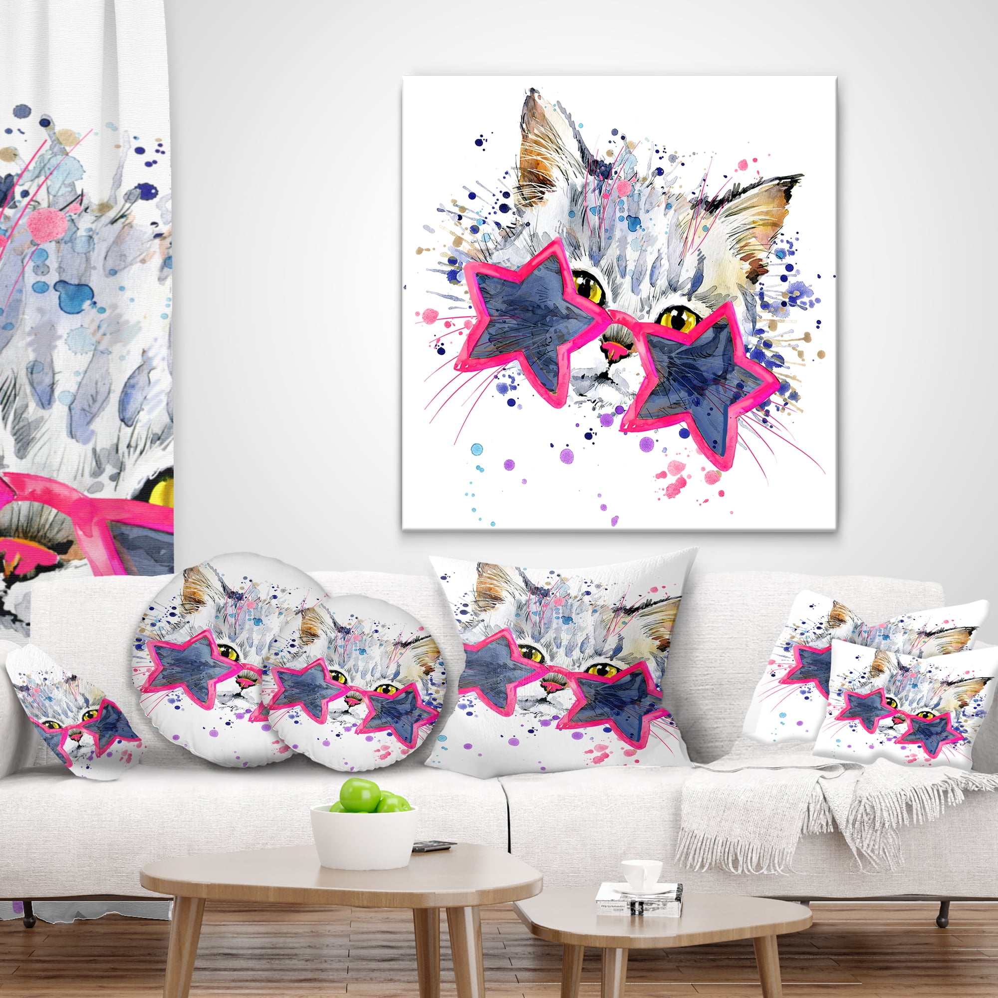 Designart Cute Kitten with Blue Stars - Animal Throw Pillow - 18x18